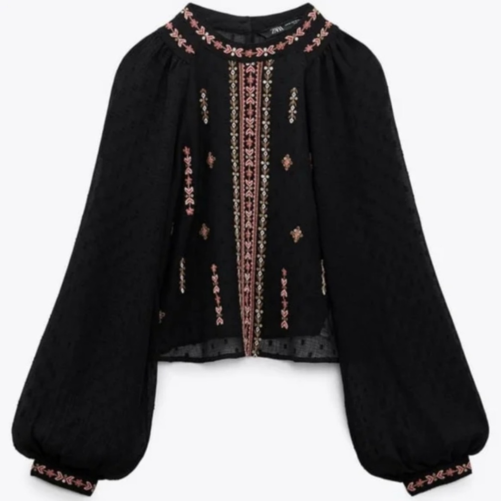 ZARA EMBROIDERED PLUMETIS BLOUSE SIZE S